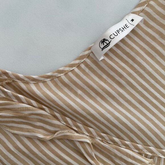 Cupshe Boho Tan & White Striped Ruffle Tie Front Cover Up Dress - Picture 5 of 6